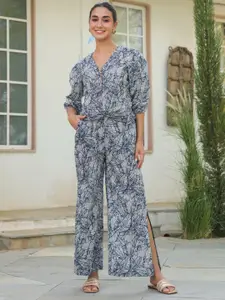 JISORA Printed Pure Cotton V-Neck Top With Trousers Co-Ords