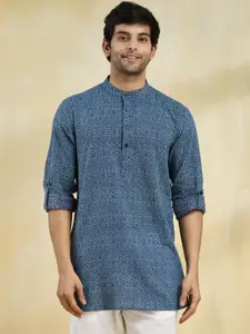 Fabindia Men Ethnic Motifs Printed Band Collar Hand Block Cotton Straight Kurta