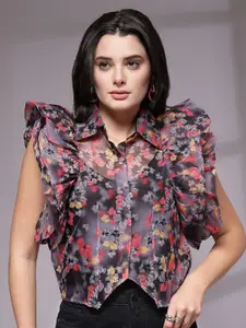 KASSUALLY Women Comfort Floral Sheer Printed Party Shirt