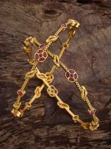 Kushal's Fashion Jewellery Set Of 2 Gold-Plated Ruby-Studded Bangle