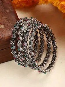 Sangria Set Of 4 Oxidised Silver-Plated Stone Studded Bangles