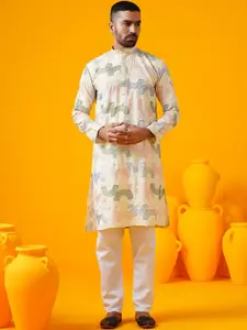 SOJANYA Geometric Embroidered Mandarin Collar Thread Work Cotton Silk Straight Kurtas