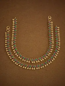 Kushal's Fashion Jewellery  Ruby-Green Gold-Plated Antique Anklet