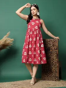 Sangria Floral Printed Pure Cotton Round Neck A-Line Dress