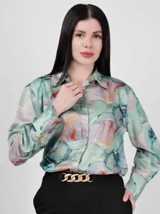DRIRO Women Premium Fit Spread Collar Abstract Printed Satin Party Shirt