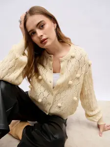 Styli Women Self Design Round Neck Regular Length Casual Sweater With Pompom Details