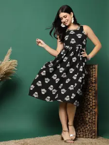 Sangria Floral Printed Pure Cotton Round Neck A-Line Dress