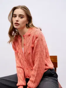 Styli Women Self Design Round Neck Regular Length Casual Sweater With Pompom Details