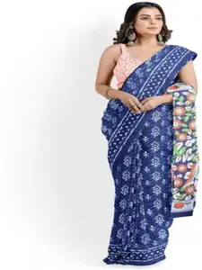 JALTHER Floral Linen Blend Block Print Saree
