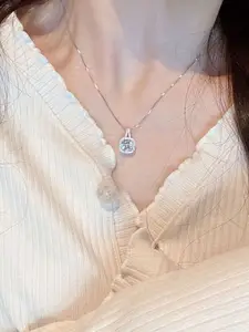 StyleCast Silver-Toned Stone Studded Square Elegant Pendant With Chain