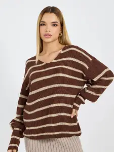 Styli Women V-Neck Striped Sweater With Volume Sleeve