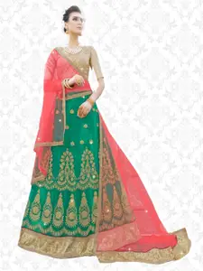 MANVAA Green & Pink Embroidered Beads and Stones Semi-Stitched Lehenga & Unstitched Blouse With Dupatta