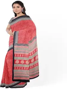 JALTHER Striped Pure Cotton Block Print Saree