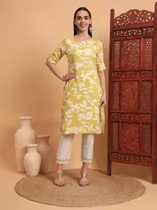 Anouk Rustic Yellow Floral Printed Round Neck Straight Kurta