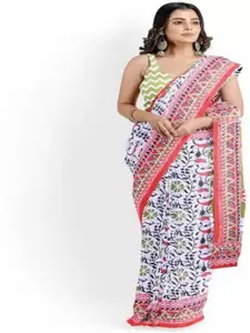 KIAARON Floral Linen Blend Block Print Saree