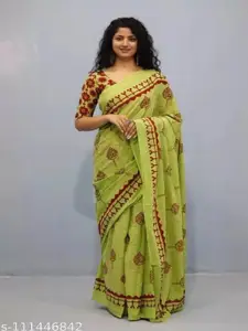 JALTHER Ethnic Motifs Pure Cotton Block Print Saree