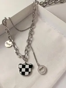 StyleCast Silver-Toned & Black Elegant Bear Minimal Necklace