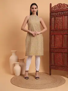Anouk Rustic Beige Geometric Printed Halter Neck Pure Cotton Straight Kurta