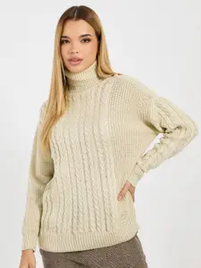Styli Women Boxy Fit Regular Length Chunky Cable Knit Turtleneck Pullover Sweater