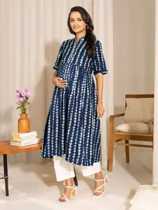 Janasya Women Indigo Pure Cotton Geometric Printed A-line Maternity Kurta