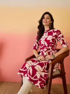 Sangria Maroon Floral Printed Mandarin Collar Roll-Up Sleeves Pure Cotton A-line Kurta