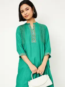 max Geometric Embroidered Smocked Mandarin Collar A-Line Kurta