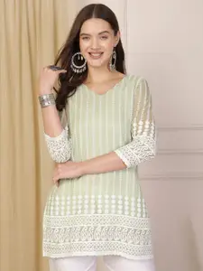 AKIMIA Women Embroidered V-Neck Thread Work Pure Georgette Thread Work Kurti