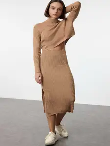 Trendyol Ribbed Self Design High Neck Sweater And Skirt