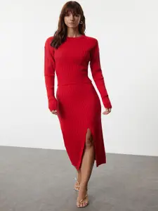 Trendyol Ribbed Self Design Round Neck Top With Skirt