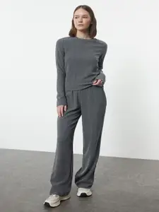 Trendyol Ribbed Self Design Round Neck Top And Trouser