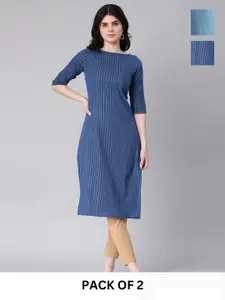 KALINI Selection Of 2 Striped Boat Neck Straight Kurtas