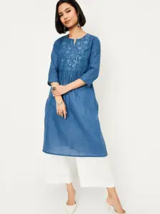 max Sequinned Pleated Notch Neck Pure Cotton A-Line Kurta
