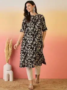 Sangria Black Ikat Printed High Slit Mandarin Collar Roll-Up Sleeves A-line Kurta