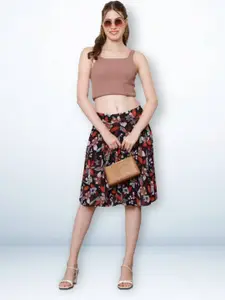 Jinfo Women Printed Knee Length Flared Skirt With Attached Shorts