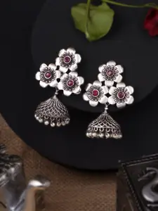 Adwitiya Collection Silver-Plated Stones Studded And Beaded Dome Shaped Oxidised Jhumkas