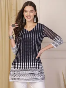 AKIMIA Women Embroidered V-Neck Thread Work Pure Georgette Thread Work Kurti