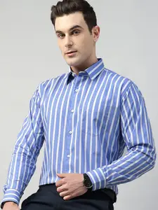 Hancock Men Standard Slim Fit Striped Pure Cotton Formal Shirt