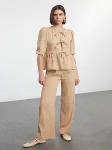 Trendyol Self Design Tie-Up Puff Sleeves Top And Trouser
