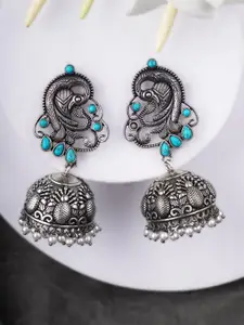 Adwitiya Collection Silver-Plated Stones Studded And Beaded Oxidised Dome Shaped Jhumkas