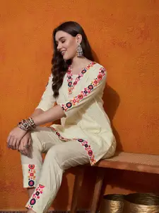 Sangria Abstract Embroidered Pure Cotton Top With Trouser