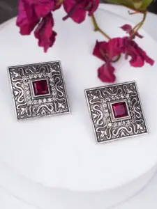 Adwitiya Collection Silver-Plated Artificial Stones Studded Square Shaped Oxidised  Studs