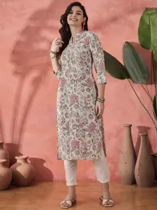 Sangria Cream Floral Printed Mandarin Collar Pure Cotton Straight Kurta