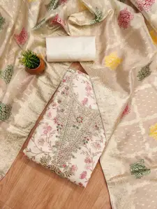 KALINI Floral Foil Printed Embroidered Chanderi Unstitched Dress Material