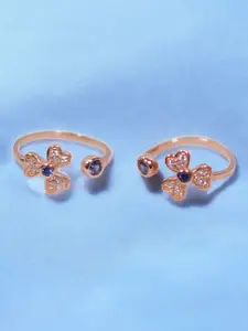 Taraash Set Of 2 925 Sterling Silver Rose Gold-Plated CZ Studded Floral Shaped Toe Rings
