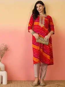 Sangria Red Leheriya Printed Round Neck Embroidered Sequinned Straight Kurta