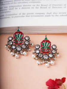 Adwitiya Collection Silver-Plated Artificial Stones Studded And Beaded Drop Earrings