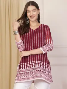 AKIMIA Embroidered V-Neck Pure Georgette Thread Work Kurti