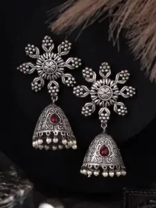 Adwitiya Collection Silver-Plated Stones Studded And Beaded Dome Shaped Oxidised Jhumkas