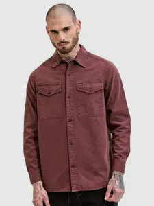 Snitch Men Relaxed Boxy Fit Spread Collar Solid Cotton Casual Shirt
