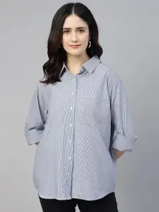 Sands of India Women Relaxed Fit Spread Collar Pinstripes Striped Cotton Casual Shirt